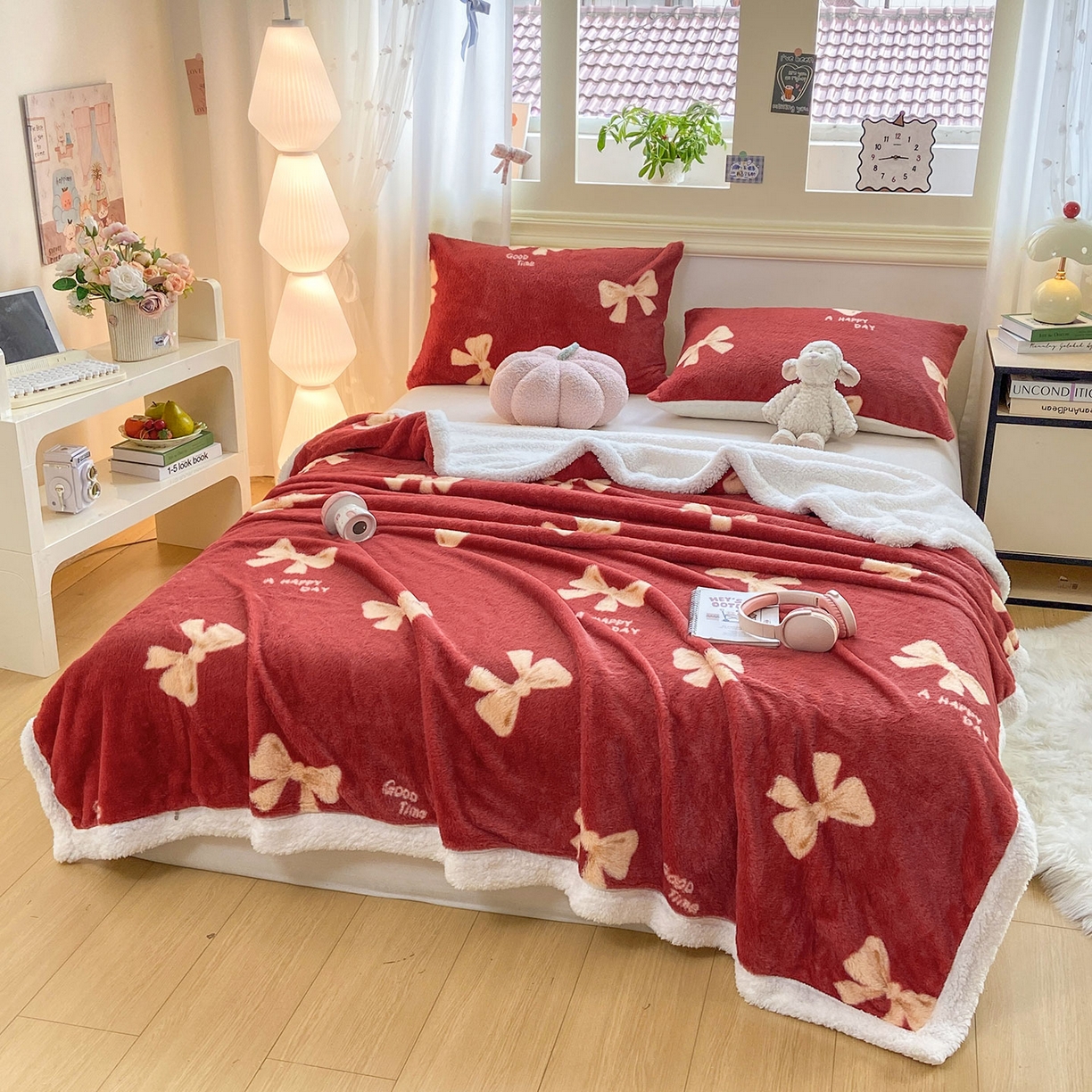 91家纺网 家纺一手货源 找家纺 眠势力 2025新款兔毛绒毛毯冬季加绒加厚盖毯兔兔绒保暖毯子带拉链-小清新系列 暖红梦境