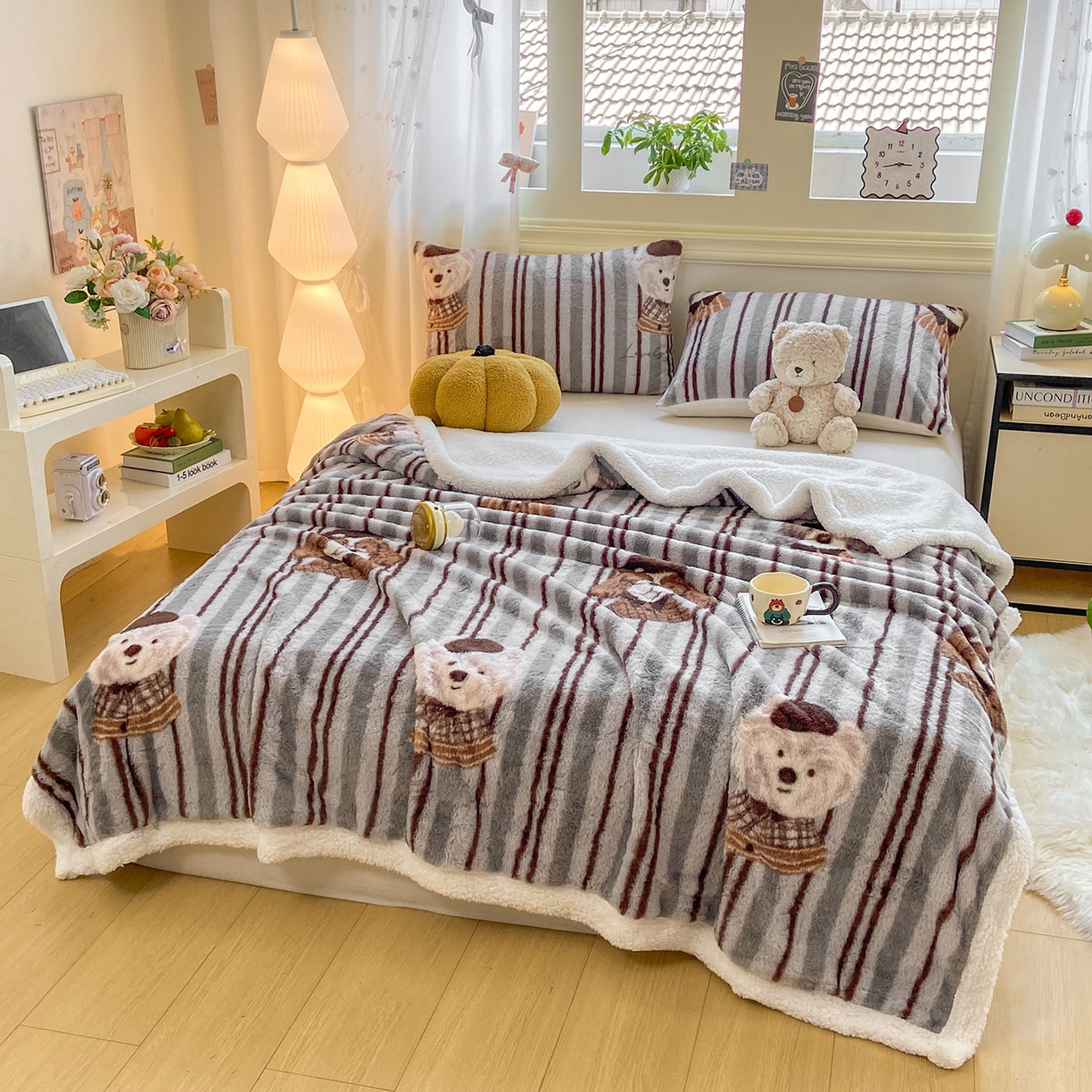 91家纺网 家纺一手货源 找家纺 眠势力 2025新款兔毛绒毛毯冬季加绒加厚盖毯兔兔绒保暖毯子带拉链-小清新系列 酷酷熊