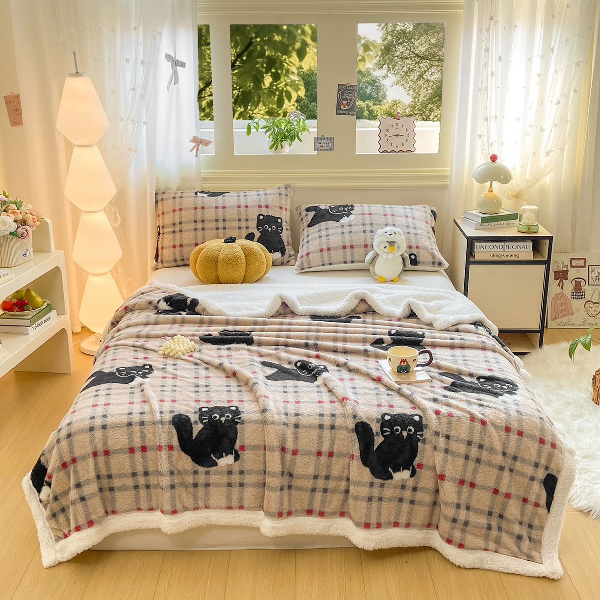 91家纺网 家纺一手货源 找家纺 眠势力 2025新款兔毛绒毛毯冬季加绒加厚盖毯兔兔绒保暖毯子带拉链-小清新系列 呆萌猫咪