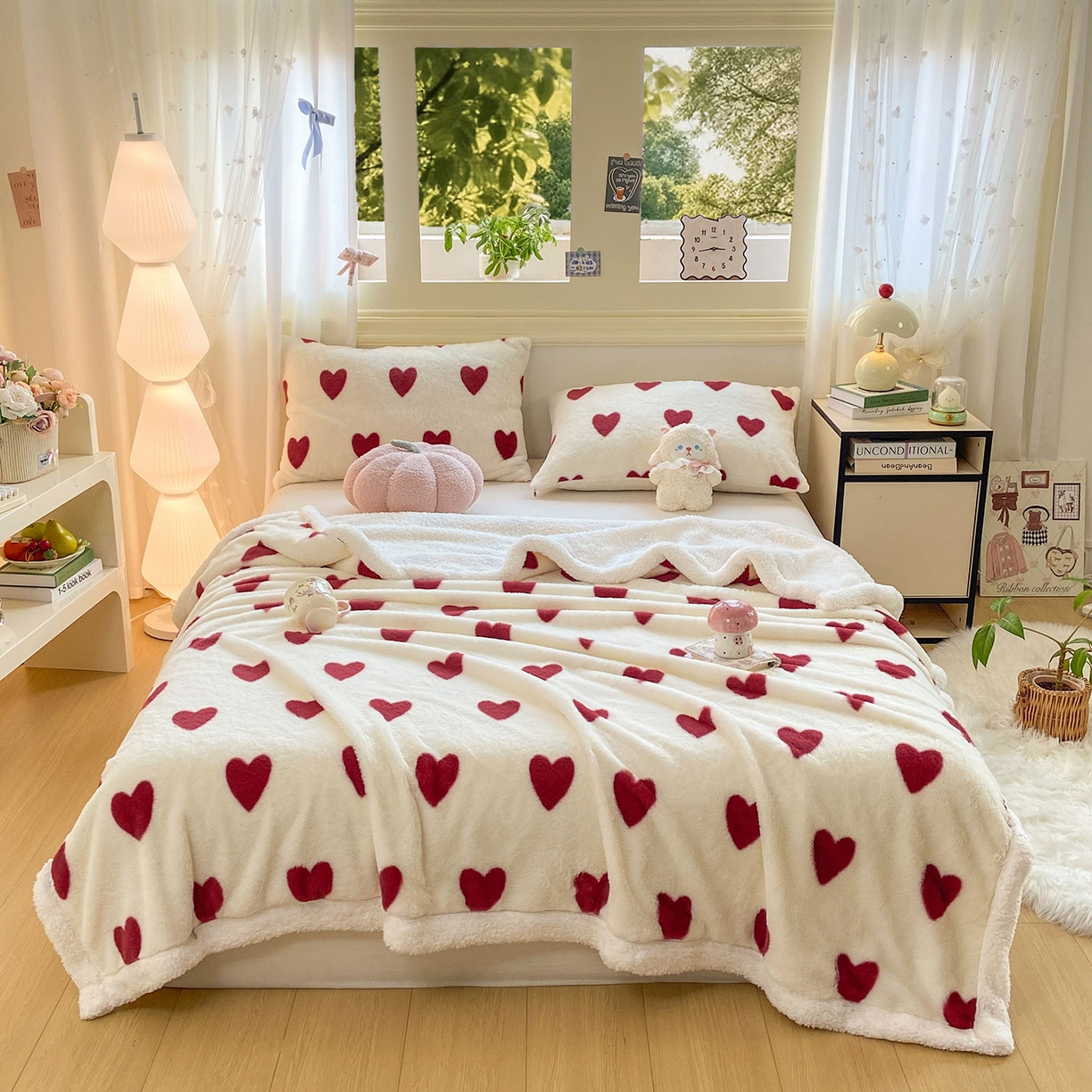 91家纺网 家纺一手货源 找家纺 眠势力 2025新款兔毛绒毛毯冬季加绒加厚盖毯兔兔绒保暖毯子带拉链-小清新系列 爱心红