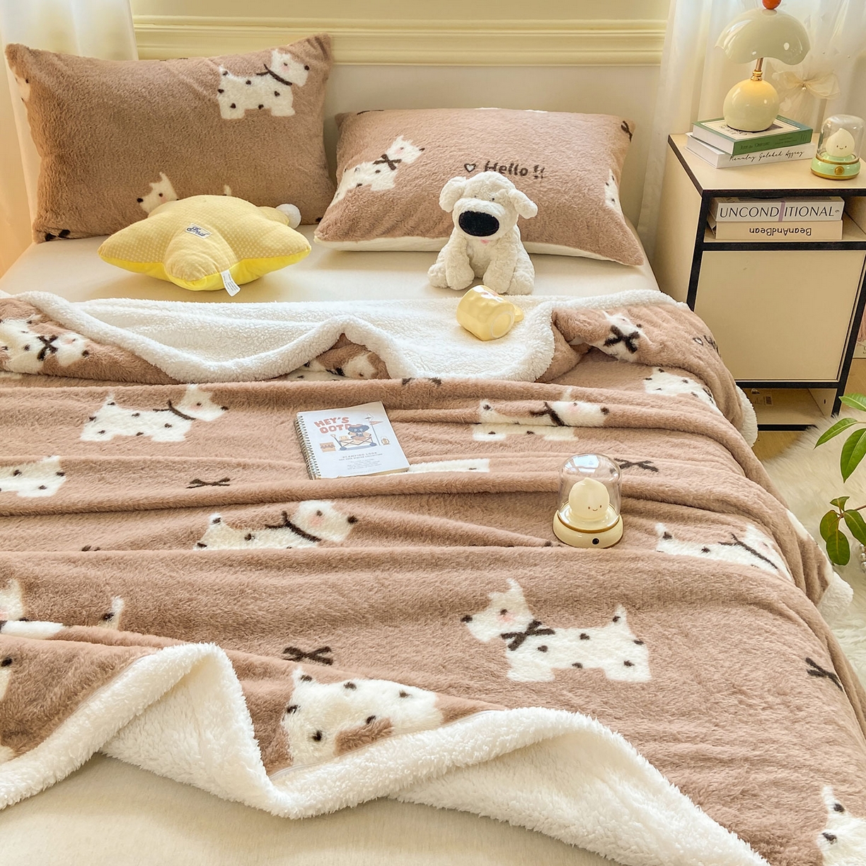 91家纺网 家纺一手货源 找家纺 眠势力 2025新款兔毛绒毛毯冬季加绒加厚盖毯兔兔绒保暖毯子带拉链-小清新系列 斑点狗