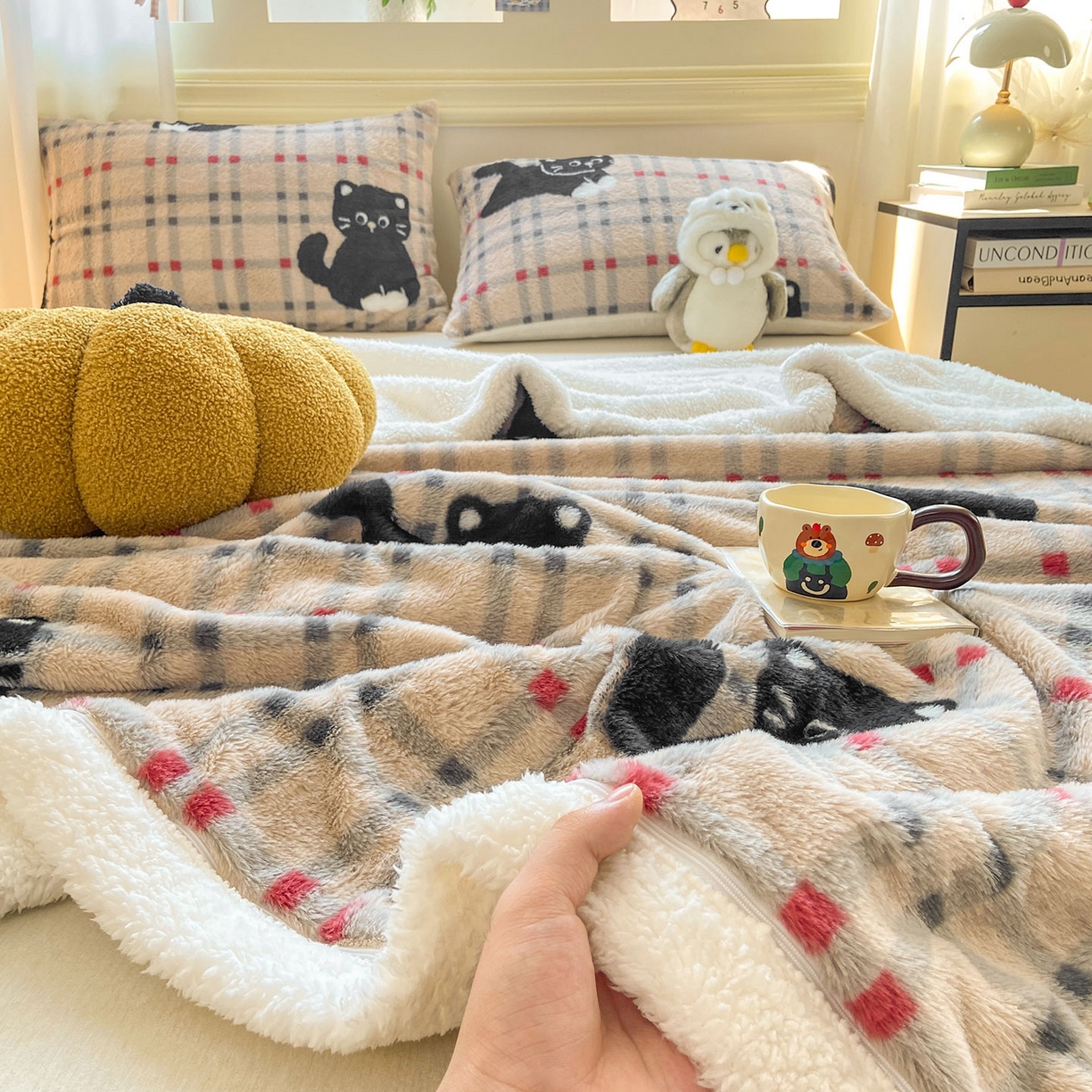 91家纺网 家纺一手货源 找家纺 眠势力 2025新款兔毛绒毛毯冬季加绒加厚盖毯兔兔绒保暖毯子带拉链-小清新系列 呆萌猫咪
