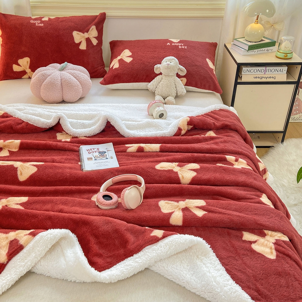 91家纺网 家纺一手货源 找家纺 眠势力 2025新款兔毛绒毛毯冬季加绒加厚盖毯兔兔绒保暖毯子带拉链-小清新系列 暖红梦境