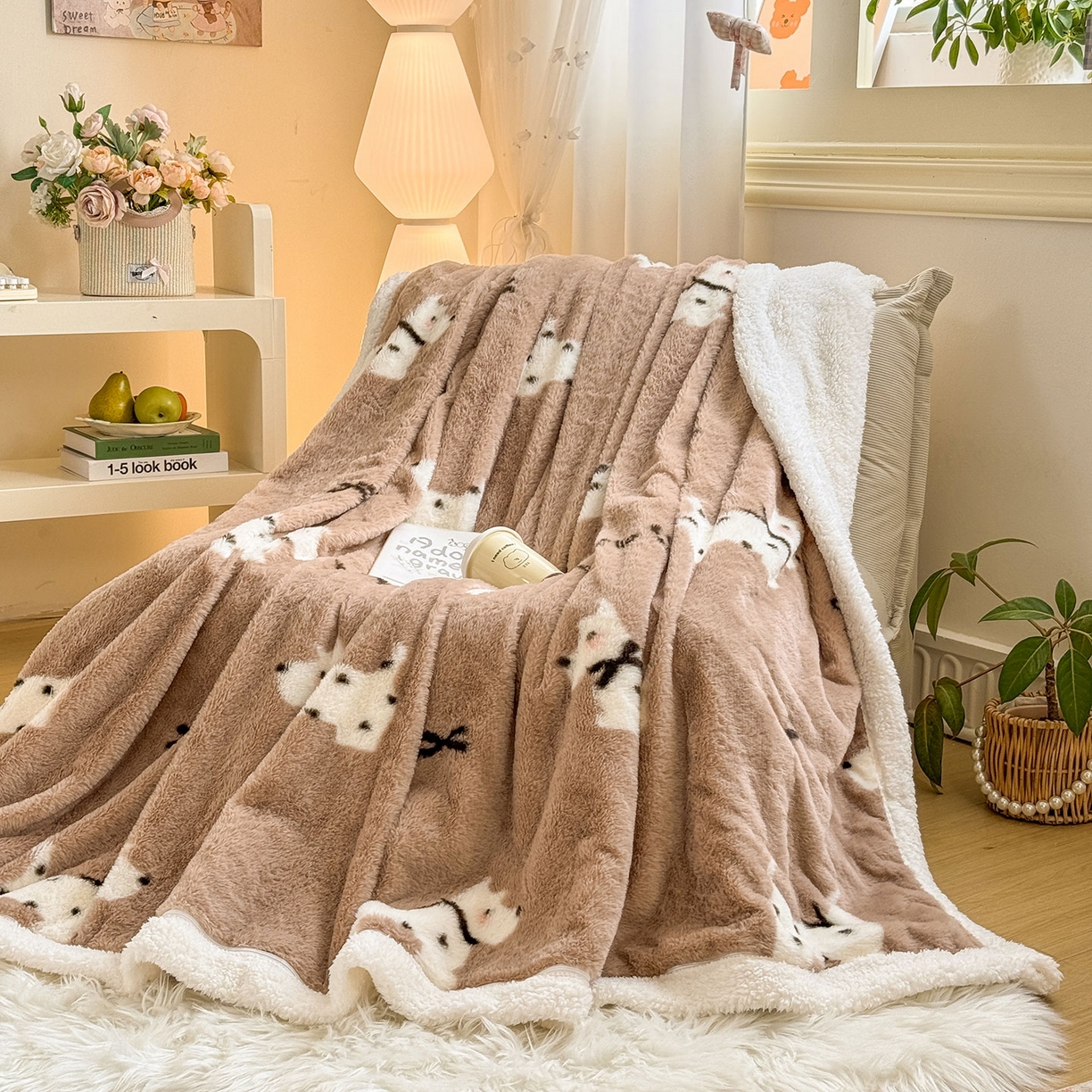 91家纺网 家纺一手货源 找家纺 眠势力 2025新款兔毛绒毛毯冬季加绒加厚盖毯兔兔绒保暖毯子带拉链-小清新系列 斑点狗