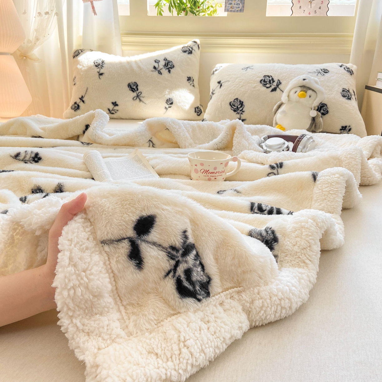 91家纺网 家纺一手货源 找家纺 眠势力 2025新款兔毛绒毛毯冬季加绒加厚盖毯兔兔绒保暖毯子带拉链-小清新系列 一枝玫瑰