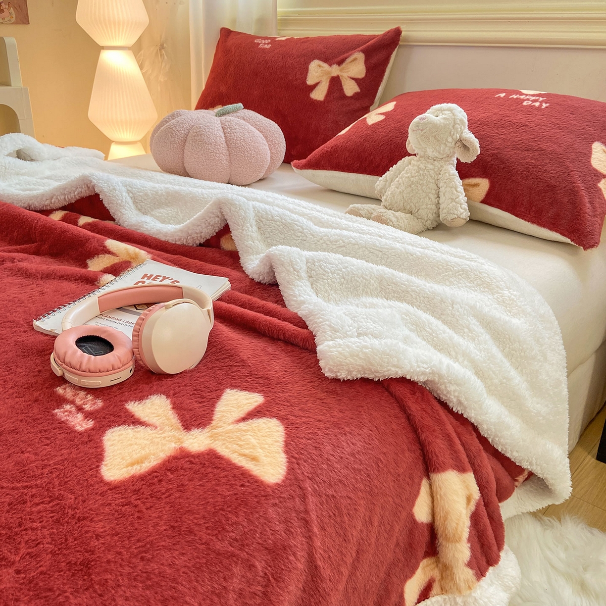 91家纺网 家纺一手货源 找家纺 眠势力 2025新款兔毛绒毛毯冬季加绒加厚盖毯兔兔绒保暖毯子带拉链-小清新系列 暖红梦境