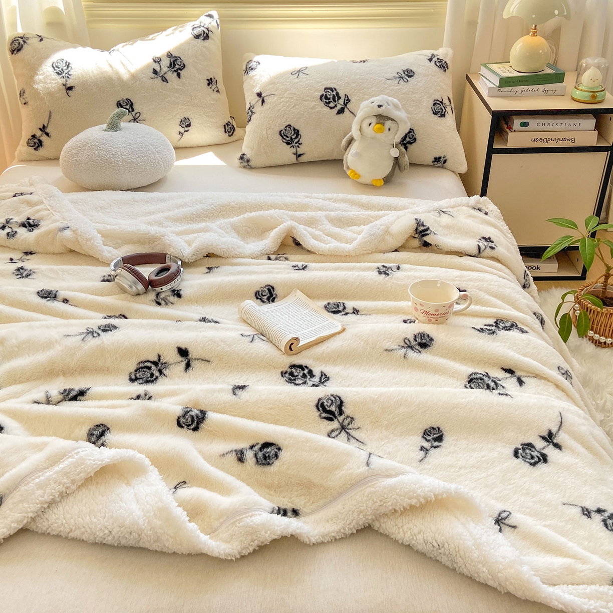 91家纺网 家纺一手货源 找家纺 眠势力 2025新款兔毛绒毛毯冬季加绒加厚盖毯兔兔绒保暖毯子带拉链-小清新系列 一枝玫瑰