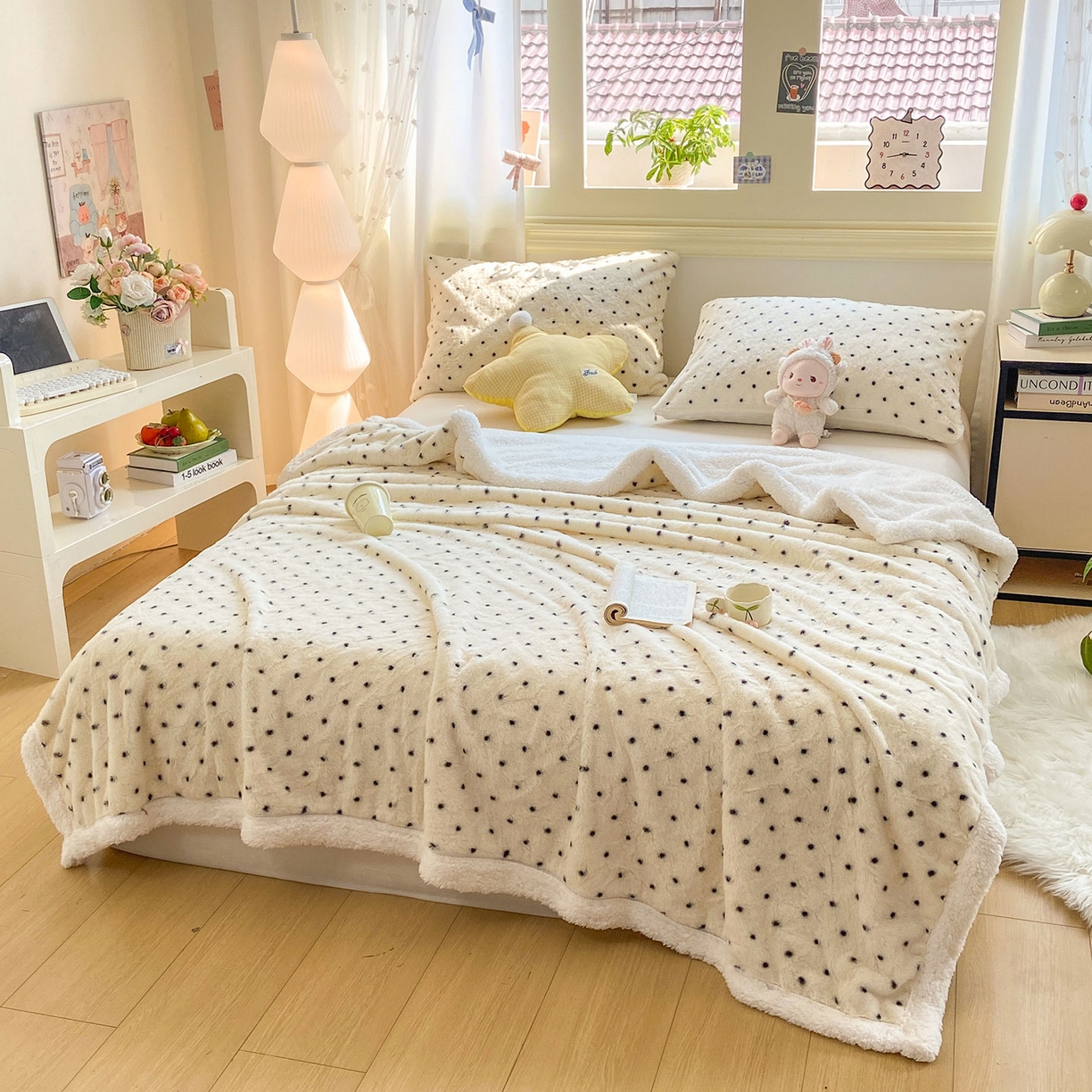91家纺网 家纺一手货源 找家纺 眠势力 2025新款兔毛绒毛毯冬季加绒加厚盖毯兔兔绒保暖毯子带拉链-小清新系列 经典波点