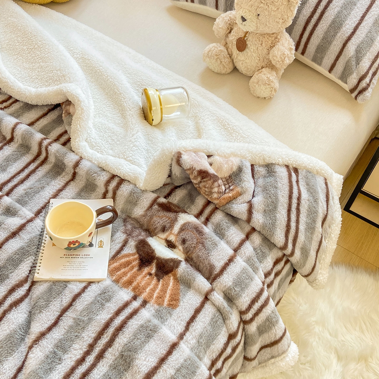 91家纺网 家纺一手货源 找家纺 眠势力 2025新款兔毛绒毛毯冬季加绒加厚盖毯兔兔绒保暖毯子带拉链-小清新系列 酷酷熊