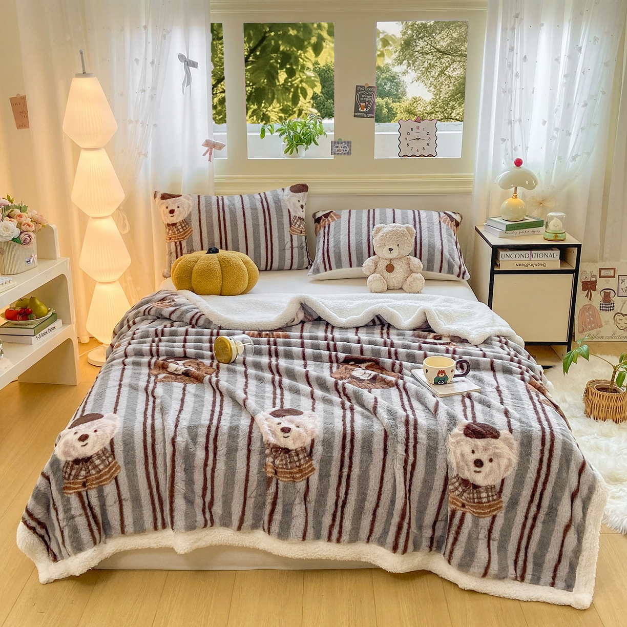 91家纺网 家纺一手货源 找家纺 眠势力 2025新款兔毛绒毛毯冬季加绒加厚盖毯兔兔绒保暖毯子带拉链-小清新系列 酷酷熊