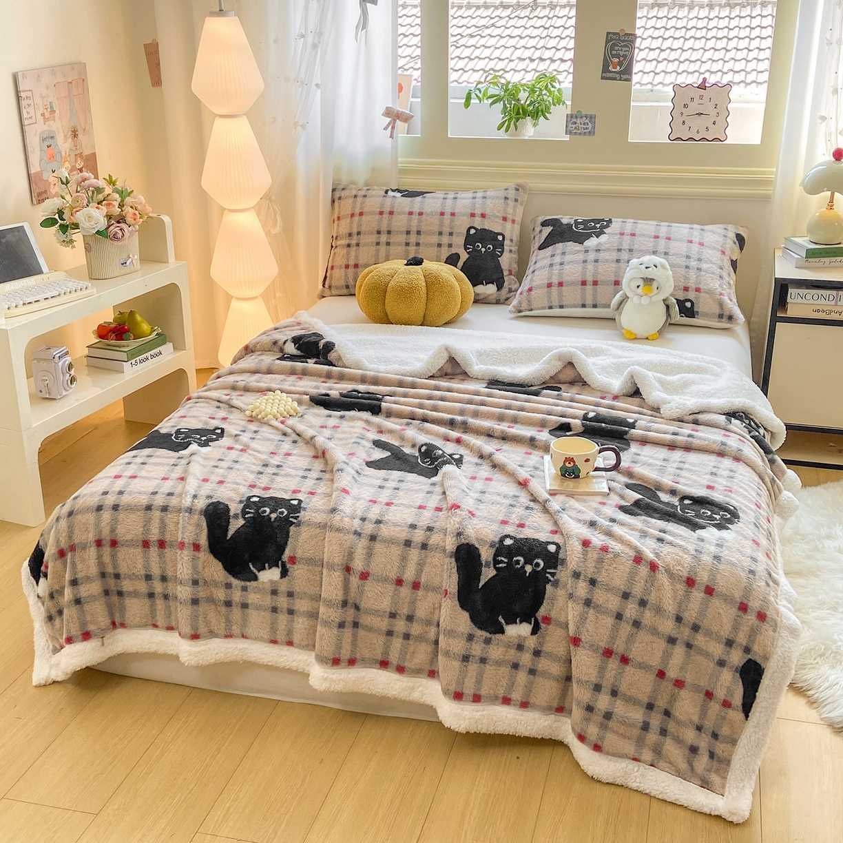 91家纺网 家纺一手货源 找家纺 眠势力 2025新款兔毛绒毛毯冬季加绒加厚盖毯兔兔绒保暖毯子带拉链-小清新系列 呆萌猫咪