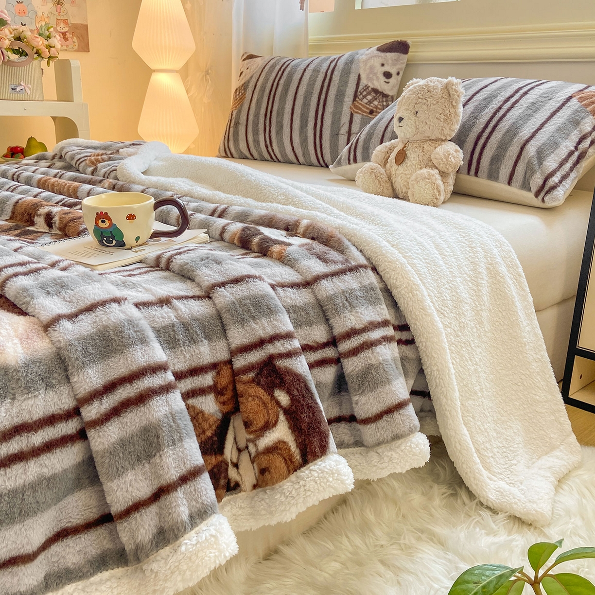 91家纺网 家纺一手货源 找家纺 眠势力 2025新款兔毛绒毛毯冬季加绒加厚盖毯兔兔绒保暖毯子带拉链-小清新系列 酷酷熊