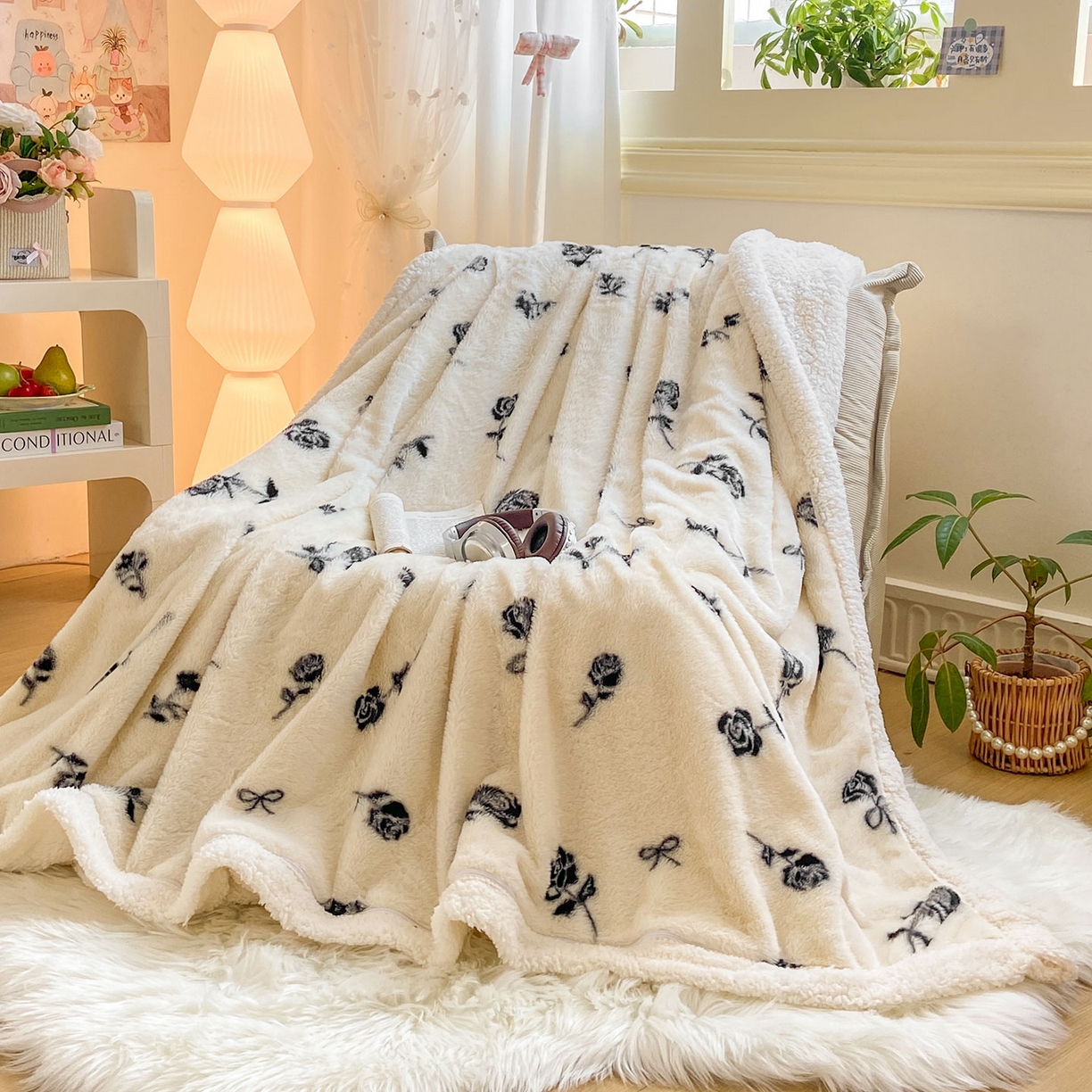 91家纺网 家纺一手货源 找家纺 眠势力 2025新款兔毛绒毛毯冬季加绒加厚盖毯兔兔绒保暖毯子带拉链-小清新系列 一枝玫瑰