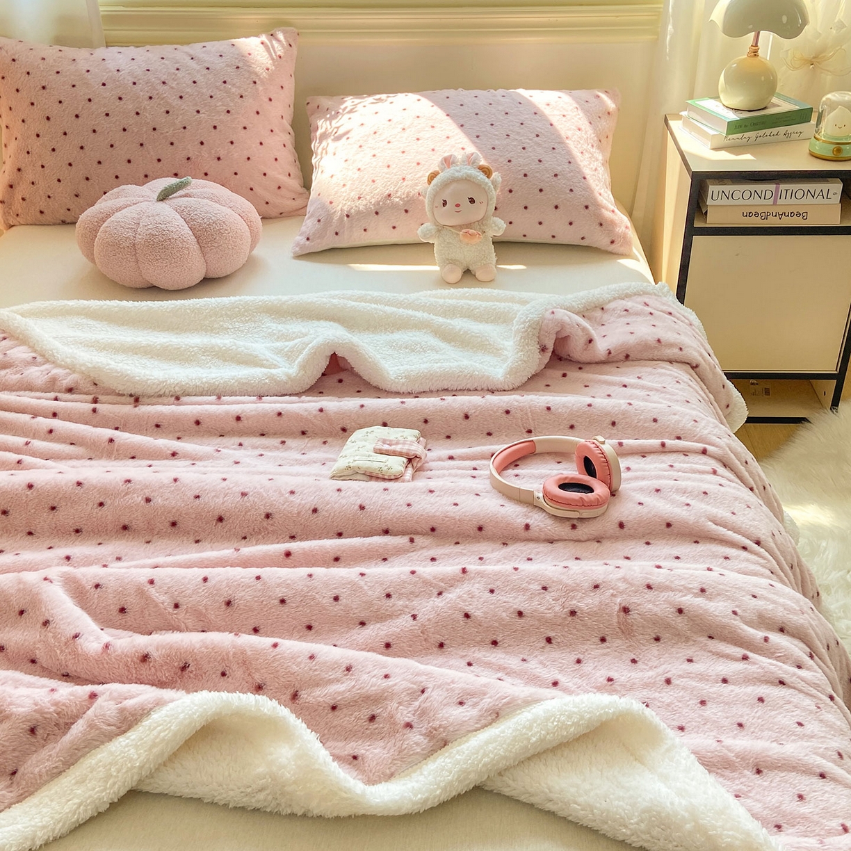 91家纺网 家纺一手货源 找家纺 眠势力 2025新款兔毛绒毛毯冬季加绒加厚盖毯兔兔绒保暖毯子带拉链-小清新系列 波点豆沙
