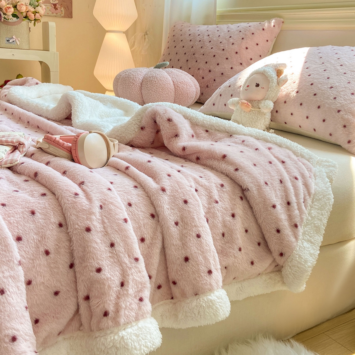 91家纺网 家纺一手货源 找家纺 眠势力 2025新款兔毛绒毛毯冬季加绒加厚盖毯兔兔绒保暖毯子带拉链-小清新系列 波点豆沙