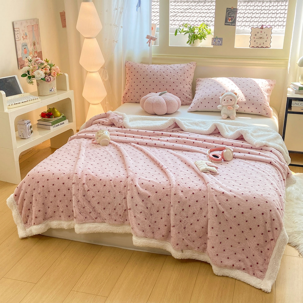 91家纺网 家纺一手货源 找家纺 眠势力 2025新款兔毛绒毛毯冬季加绒加厚盖毯兔兔绒保暖毯子带拉链-小清新系列 波点豆沙