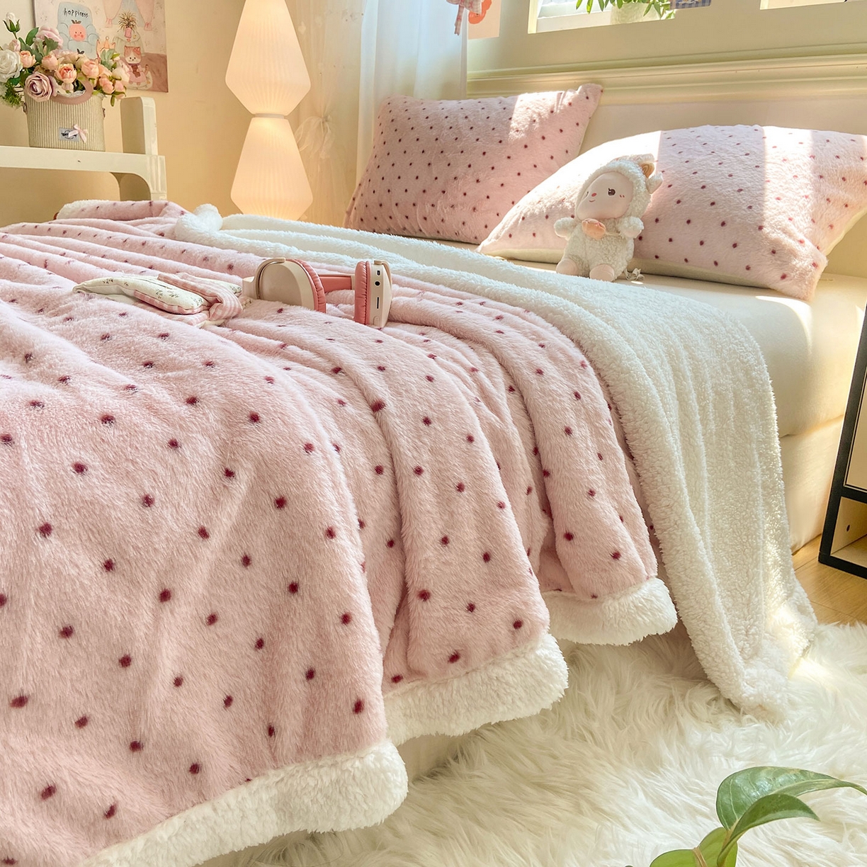 91家纺网 家纺一手货源 找家纺 眠势力 2025新款兔毛绒毛毯冬季加绒加厚盖毯兔兔绒保暖毯子带拉链-小清新系列 波点豆沙