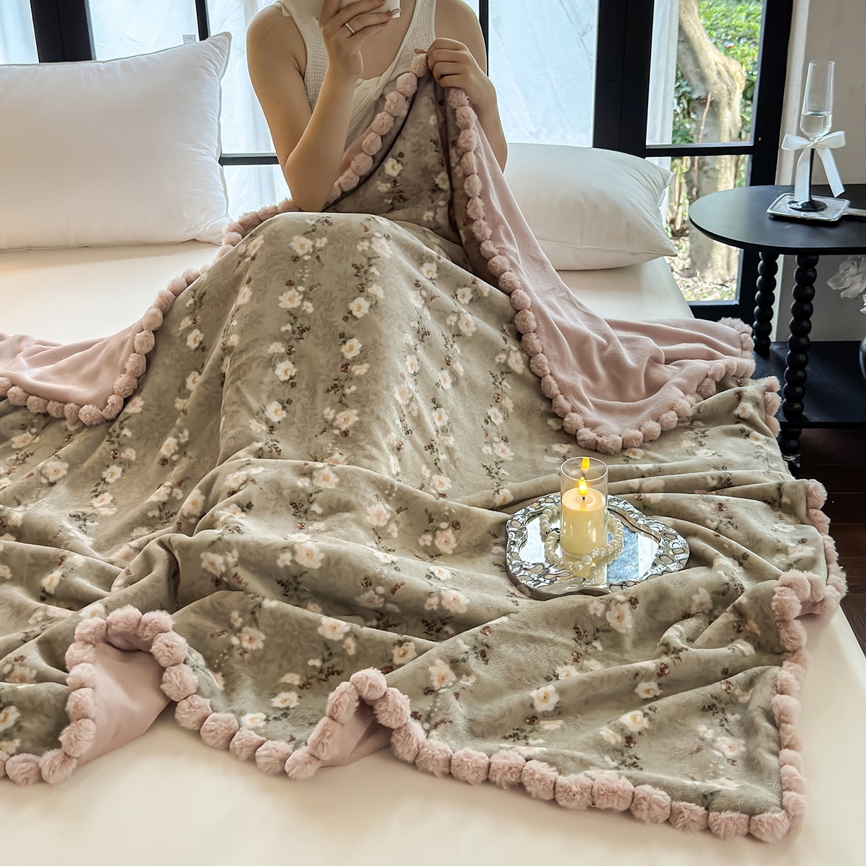 91家纺网 家纺一手货源 找家纺 艾咪-Amy ntmy 2025新款毛球款法式复古风牛奶绒双层毯毛毯毯子 清香粉