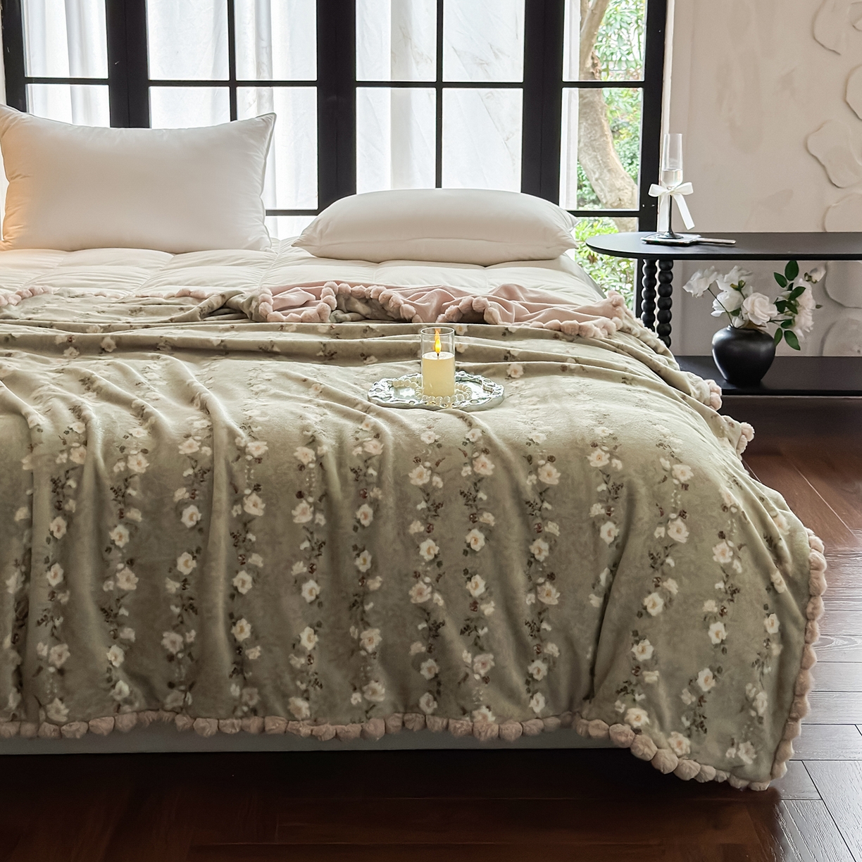 91家纺网 家纺一手货源 找家纺 艾咪-Amy ntmy 2025新款毛球款法式复古风牛奶绒双层毯毛毯毯子 清香粉