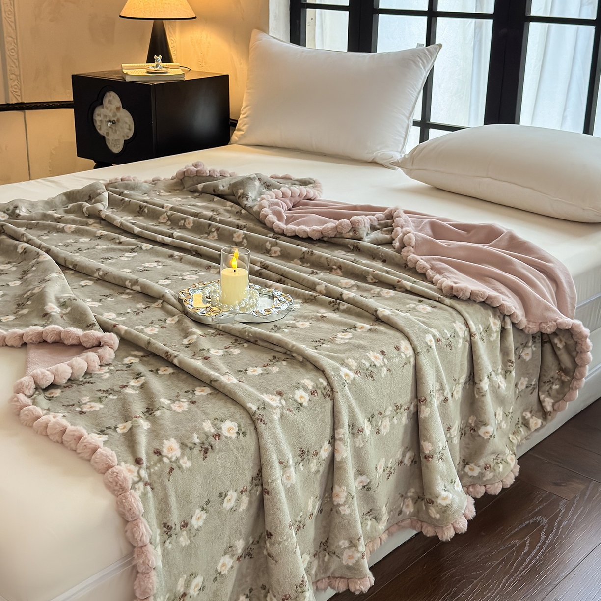 91家纺网 家纺一手货源 找家纺 艾咪-Amy ntmy 2025新款毛球款法式复古风牛奶绒双层毯毛毯毯子 清香粉