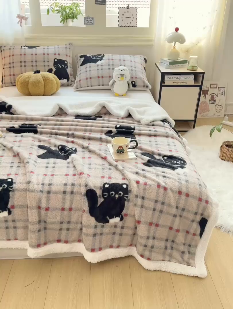 91家纺网 家纺一手货源 找家纺 眠势力 2025新款兔毛绒毛毯冬季加绒加厚盖毯兔兔绒保暖毯子带拉链-小清新系列 呆萌猫咪