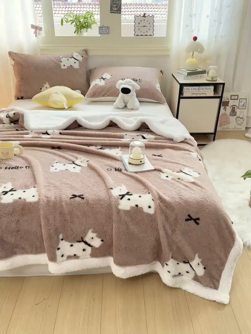 91家纺网 家纺一手货源 找家纺 眠势力 2025新款兔毛绒毛毯冬季加绒加厚盖毯兔兔绒保暖毯子带拉链-小清新系列 斑点狗