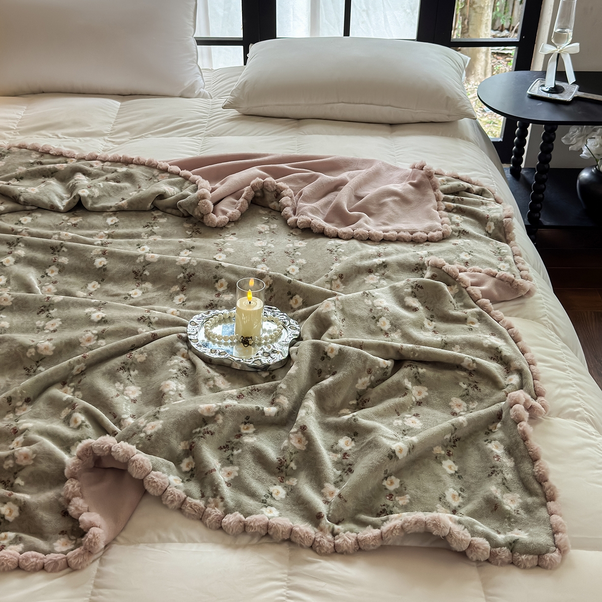 91家纺网 家纺一手货源 找家纺 艾咪-Amy ntmy 2025新款毛球款法式复古风牛奶绒双层毯毛毯毯子 清香粉