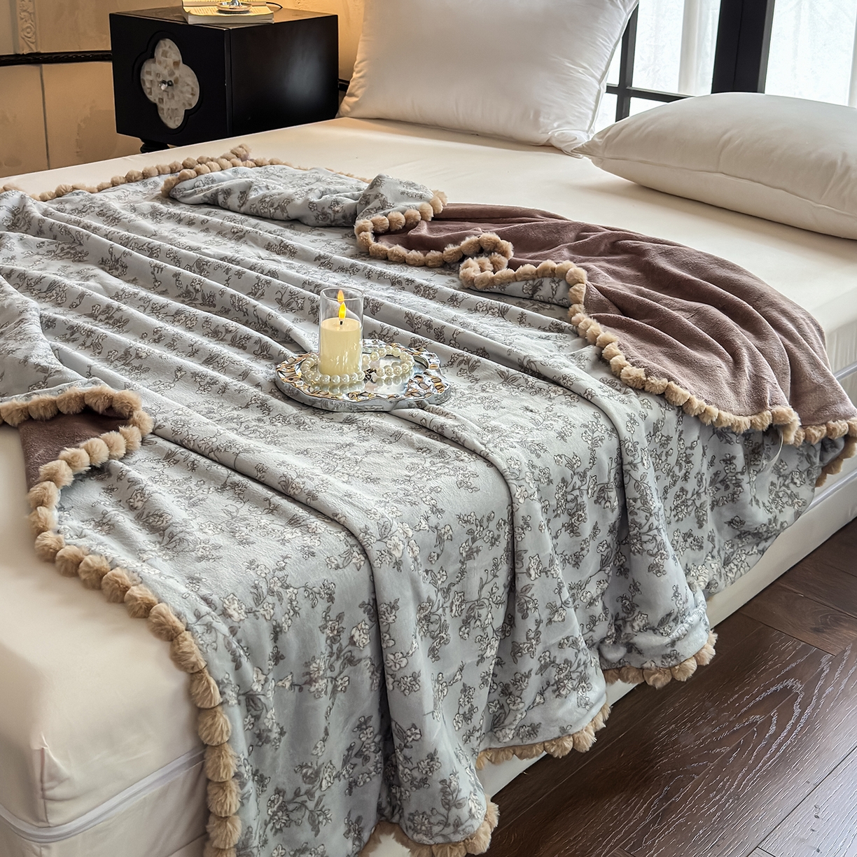 91家纺网 家纺一手货源 找家纺 艾咪-Amy ntmy 2025新款毛球款法式复古风牛奶绒双层毯毛毯毯子 梦花影