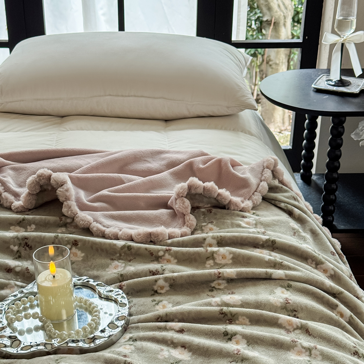 91家纺网 家纺一手货源 找家纺 艾咪-Amy ntmy 2025新款毛球款法式复古风牛奶绒双层毯毛毯毯子 清香粉