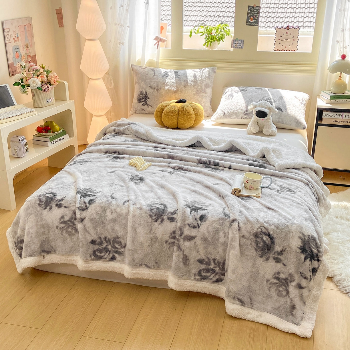91家纺网 家纺一手货源 找家纺 眠势力 2025新款兔毛绒毛毯冬季加绒加厚盖毯兔兔绒保暖毯子带拉链-小清新系列 水墨玫瑰