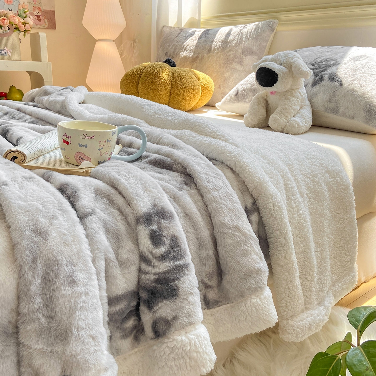 91家纺网 家纺一手货源 找家纺 眠势力 2025新款兔毛绒毛毯冬季加绒加厚盖毯兔兔绒保暖毯子带拉链-小清新系列 水墨玫瑰