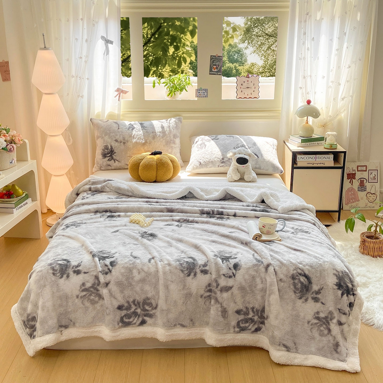 91家纺网 家纺一手货源 找家纺 眠势力 2025新款兔毛绒毛毯冬季加绒加厚盖毯兔兔绒保暖毯子带拉链-小清新系列 水墨玫瑰