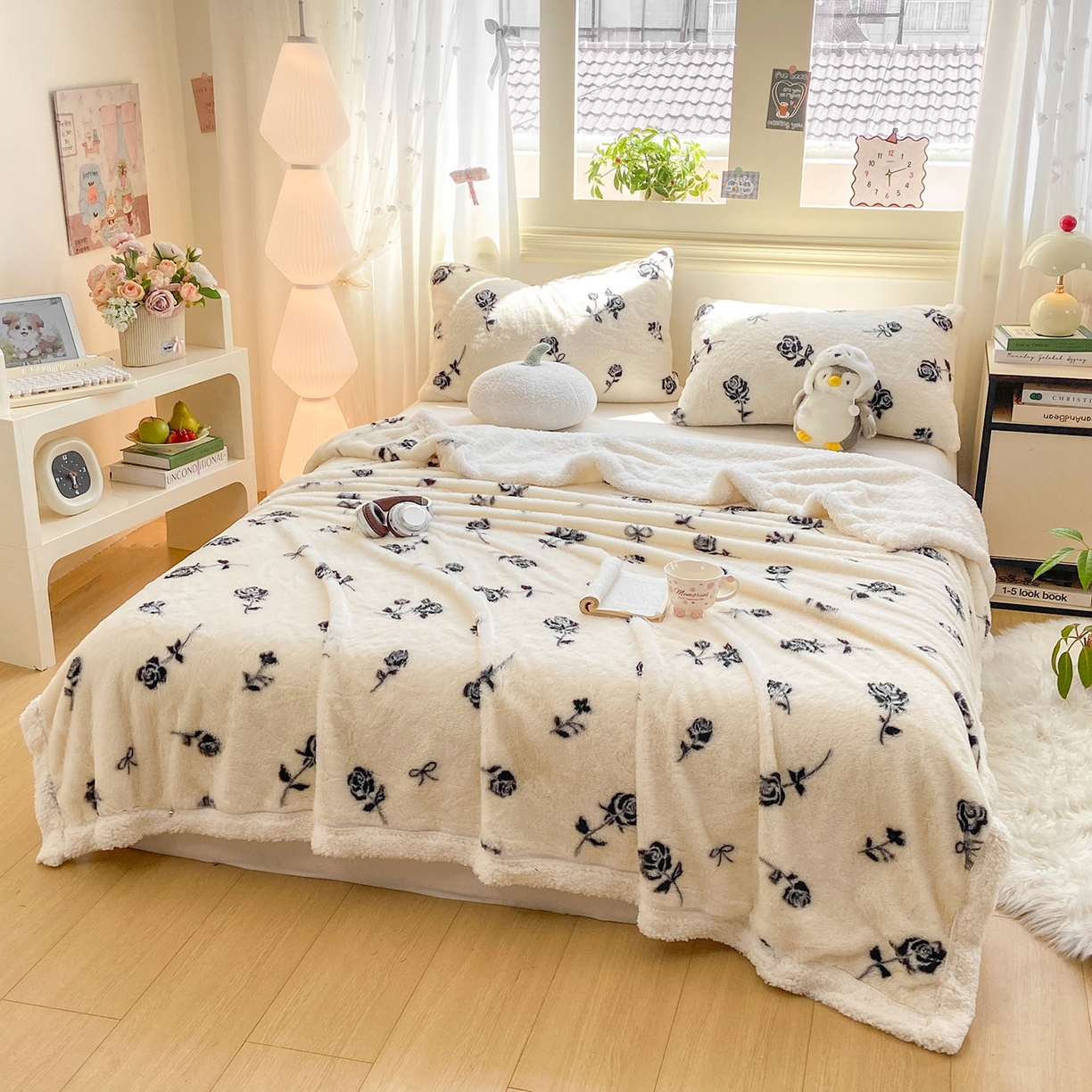 91家纺网 家纺一手货源 找家纺 眠势力 2025新款兔毛绒毛毯冬季加绒加厚盖毯兔兔绒保暖毯子带拉链-小清新系列 一枝玫瑰