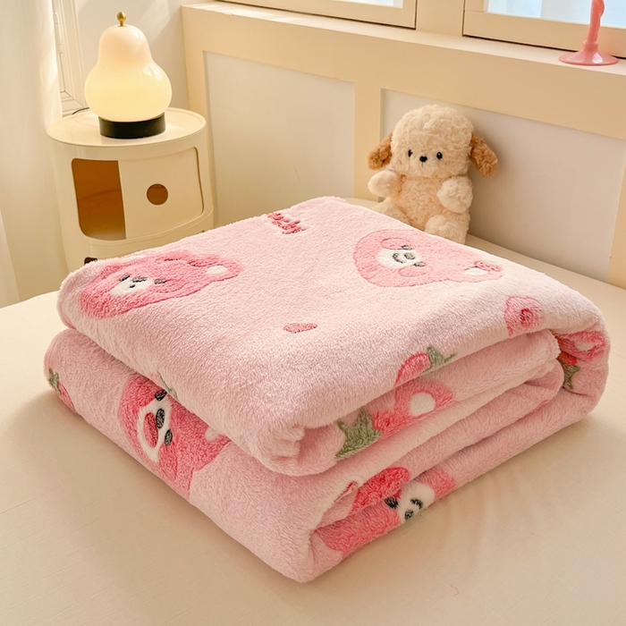川悦生活 2025新款高克重双面雪花绒印花毛毯三件套 毛毯甜系粉熊