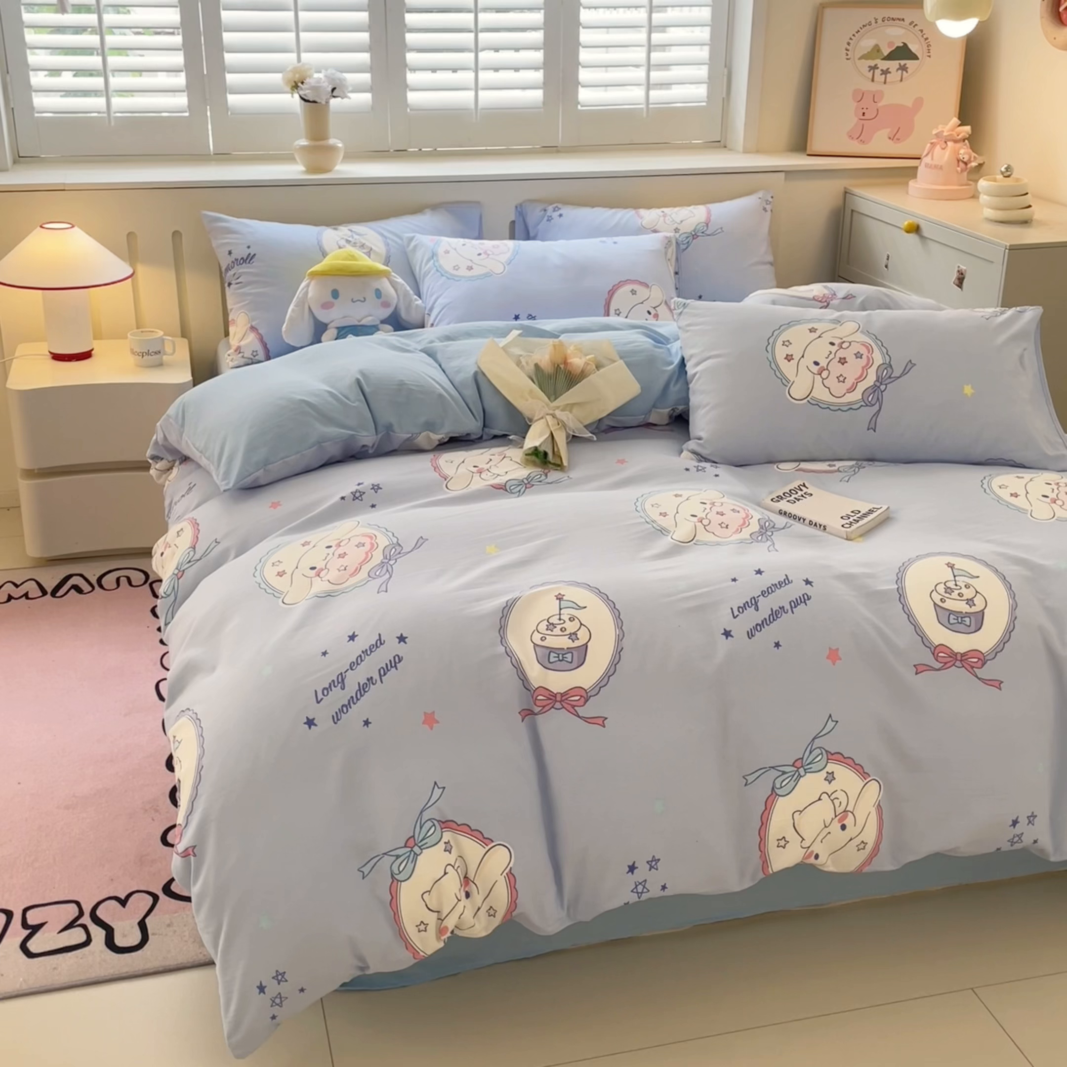 91家纺网 家纺一手货源 找家纺 港岛妹妹 2025新款云朵水洗工艺三丽鸥四件套 三丽鸥-蛋糕玉桂狗