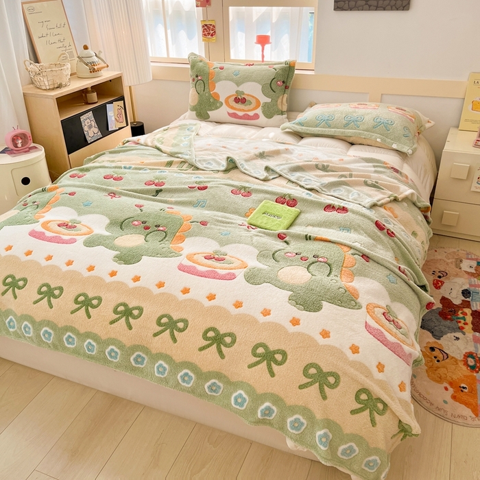 91家纺网 家纺一手货源 找家纺 川悦生活 2025新款高克重双面雪花绒印花毛毯三件套 毛毯甜系龙龙