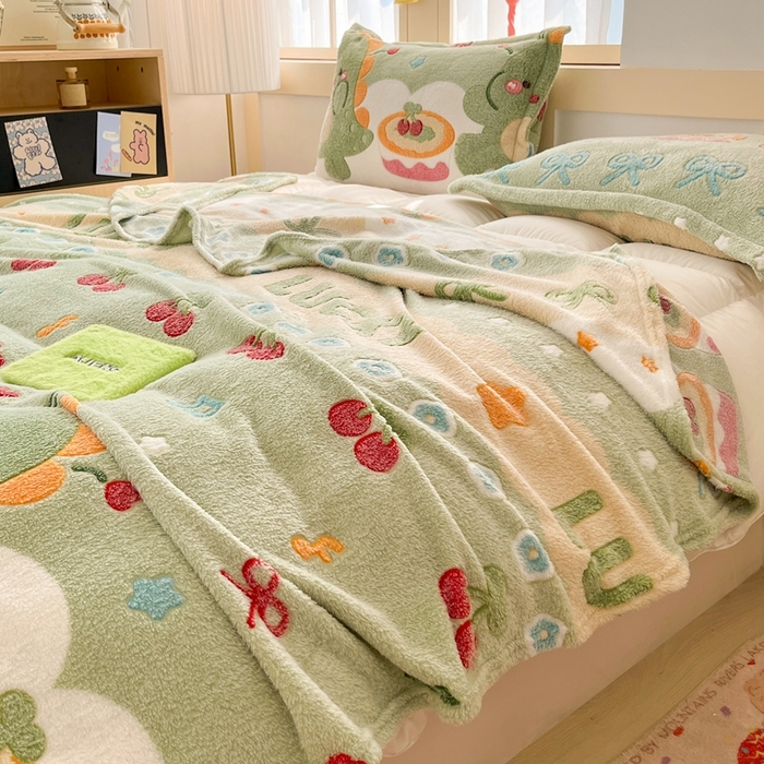 91家纺网 家纺一手货源 找家纺 川悦生活 2025新款高克重双面雪花绒印花毛毯三件套 毛毯甜系龙龙