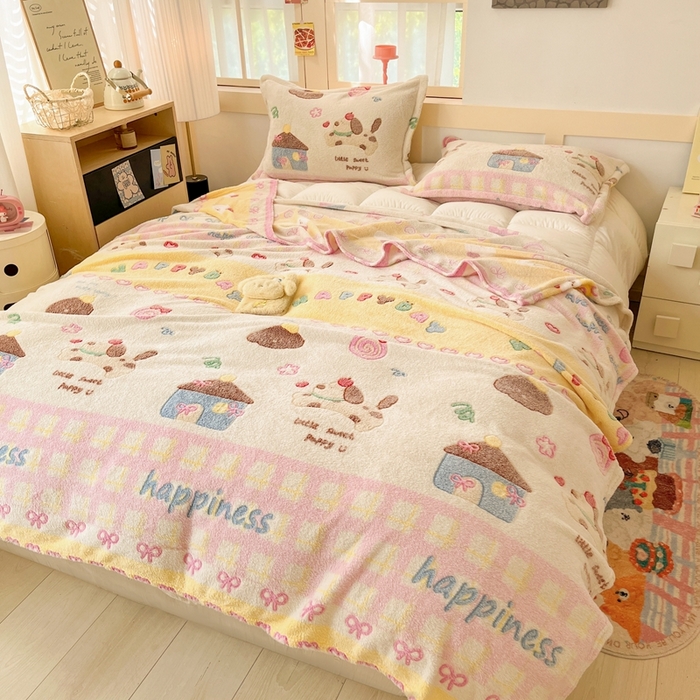 91家纺网 家纺一手货源 找家纺 川悦生活 2025新款高克重双面雪花绒印花毛毯三件套 毛毯小狗物语