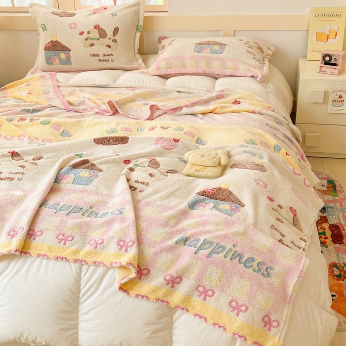 91家纺网 家纺一手货源 找家纺 川悦生活 2025新款高克重双面雪花绒印花毛毯三件套 毛毯小狗物语