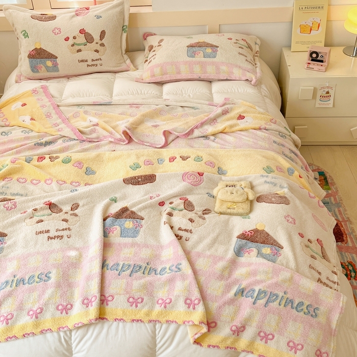 91家纺网 家纺一手货源 找家纺 川悦生活 2025新款高克重双面雪花绒印花毛毯三件套 毛毯小狗物语