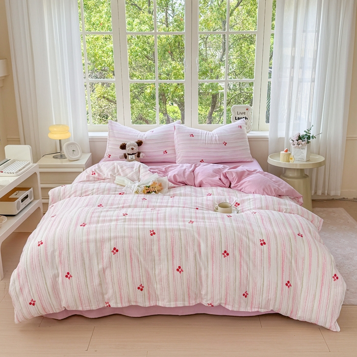 仟岸家纺 2025新款亲肤舒适水洗棉四件套系列 可爱樱桃