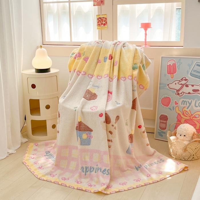 91家纺网 家纺一手货源 找家纺 川悦生活 2025新款高克重双面雪花绒印花毛毯三件套 毛毯小狗物语