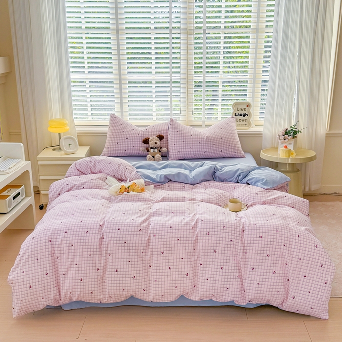 仟岸家纺 2025新款亲肤舒适水洗棉四件套系列 格子樱桃