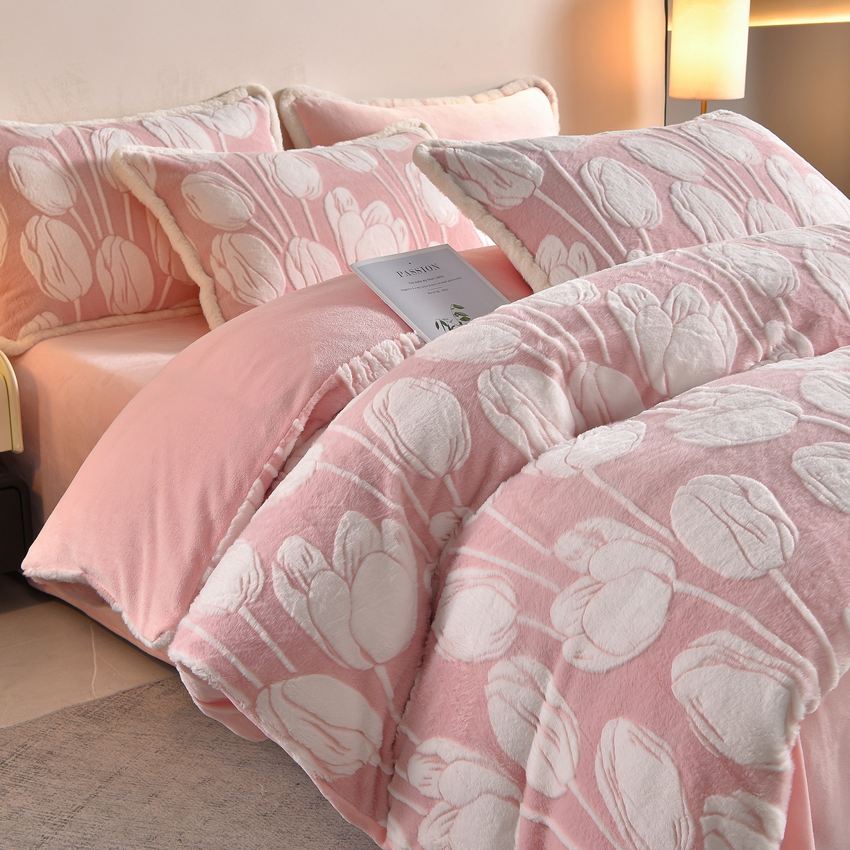 吾诺家居 320克深雕兔毛绒四件套牛奶绒四件套兔毛四件套 兔毛包边四件套 郁金香