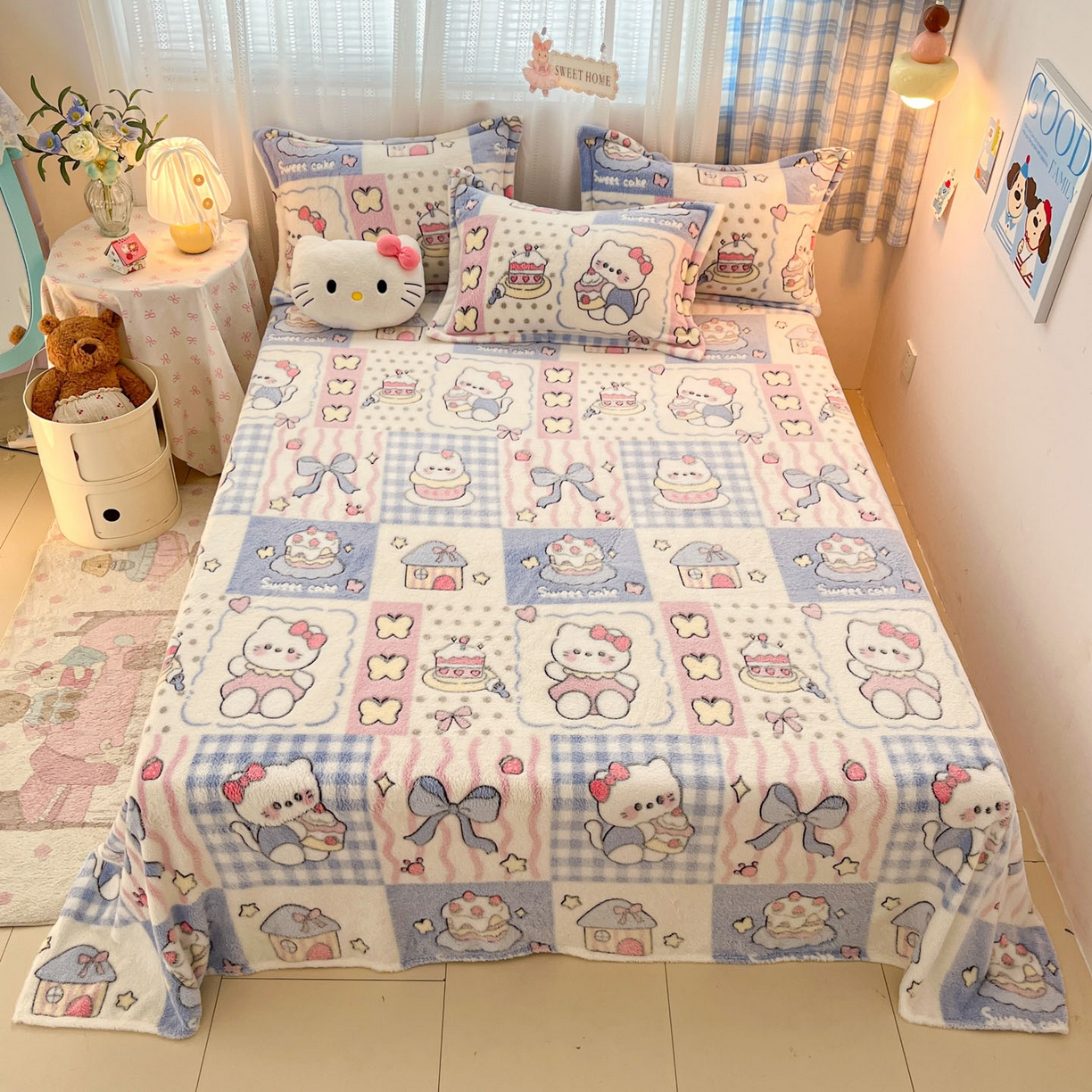 91家纺网 家纺一手货源 找家纺 川悦生活 2025新款高克重双面雪花绒印花毛毯三件套 毛毯小喵甜心