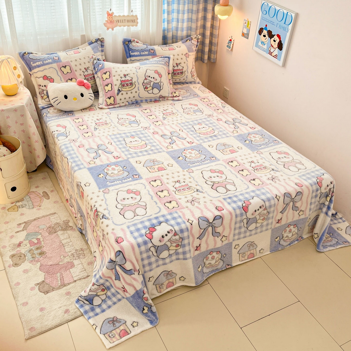 91家纺网 家纺一手货源 找家纺 川悦生活 2025新款高克重双面雪花绒印花毛毯三件套 毛毯小喵甜心