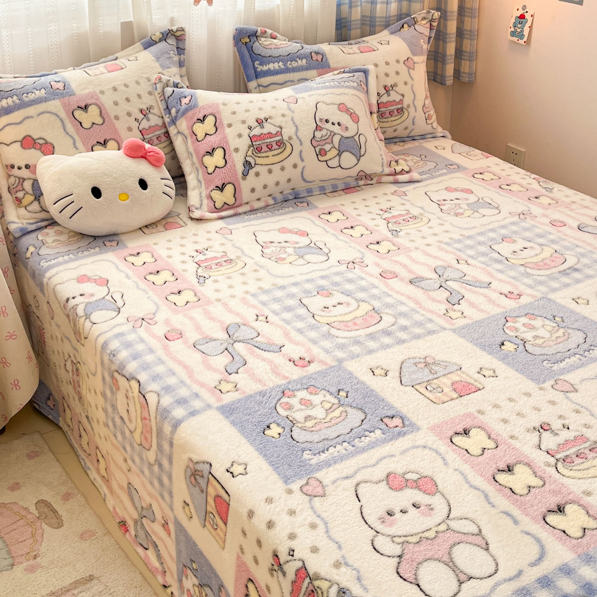 91家纺网 家纺一手货源 找家纺 川悦生活 2025新款高克重双面雪花绒印花毛毯三件套 毛毯小喵甜心