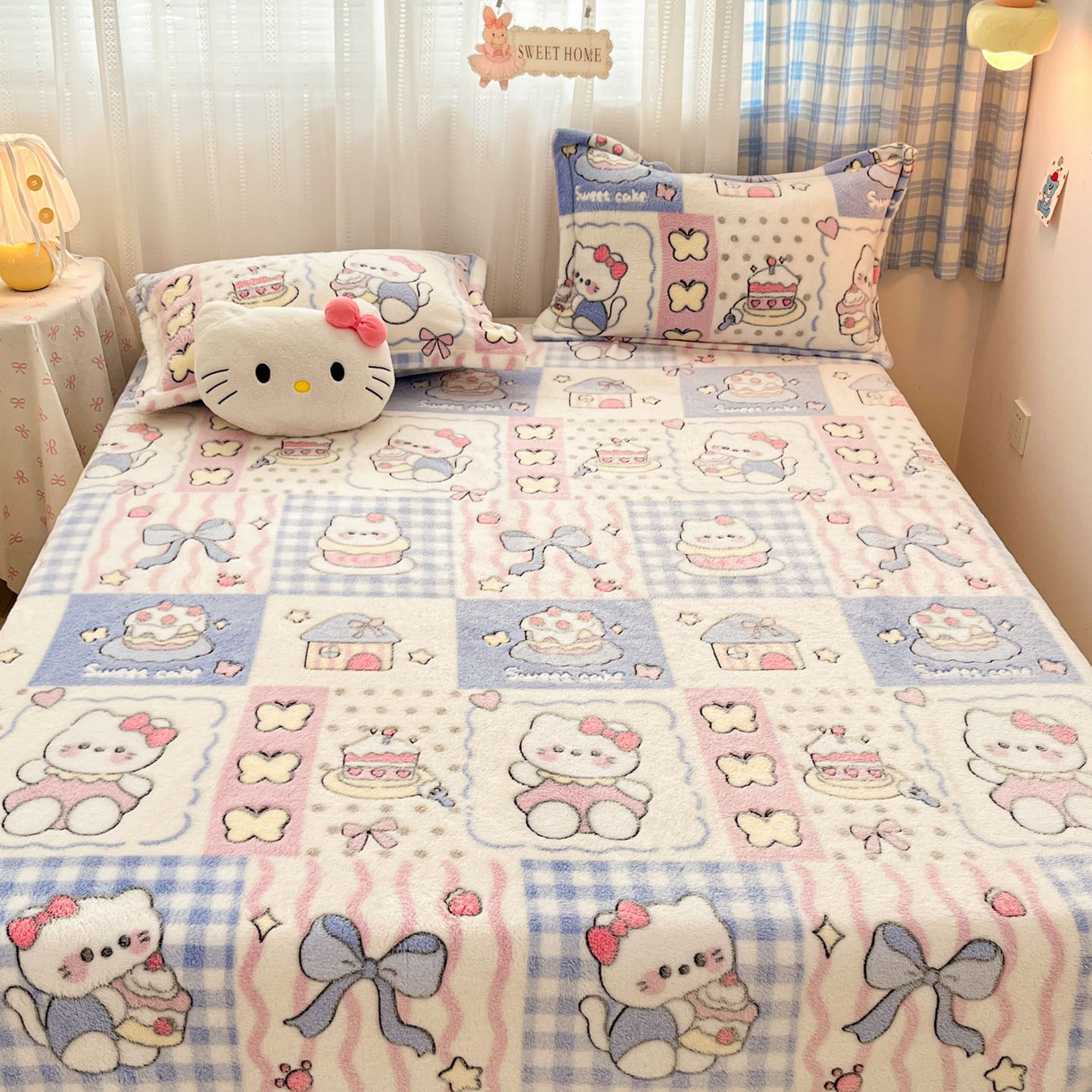 91家纺网 家纺一手货源 找家纺 川悦生活 2025新款高克重双面雪花绒印花毛毯三件套 毛毯小喵甜心