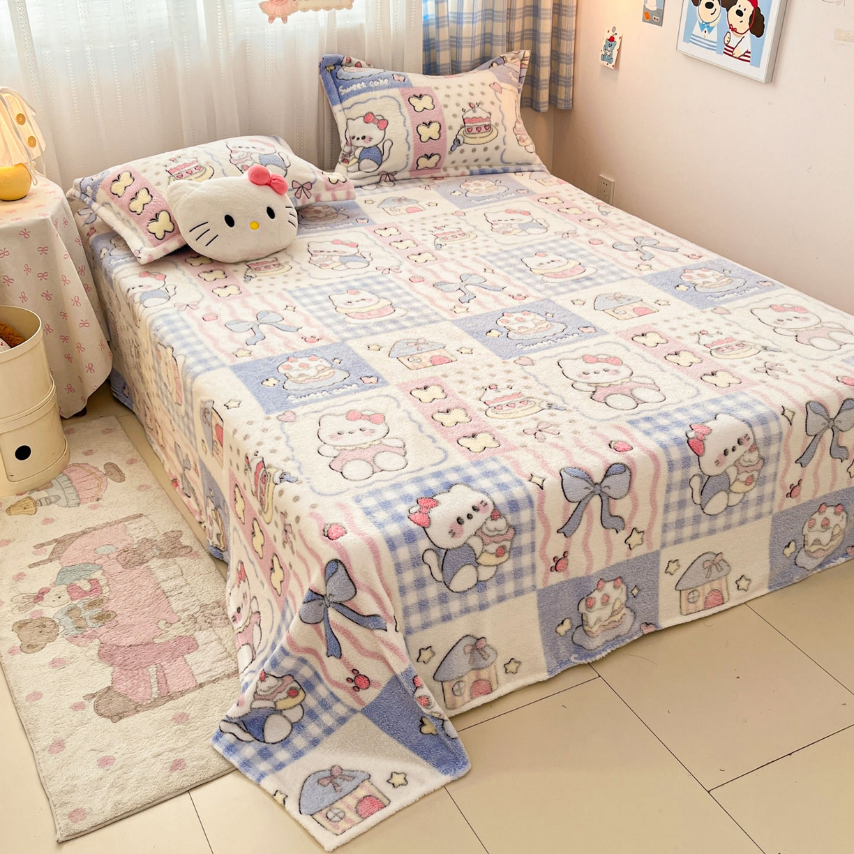 91家纺网 家纺一手货源 找家纺 川悦生活 2025新款高克重双面雪花绒印花毛毯三件套 毛毯小喵甜心