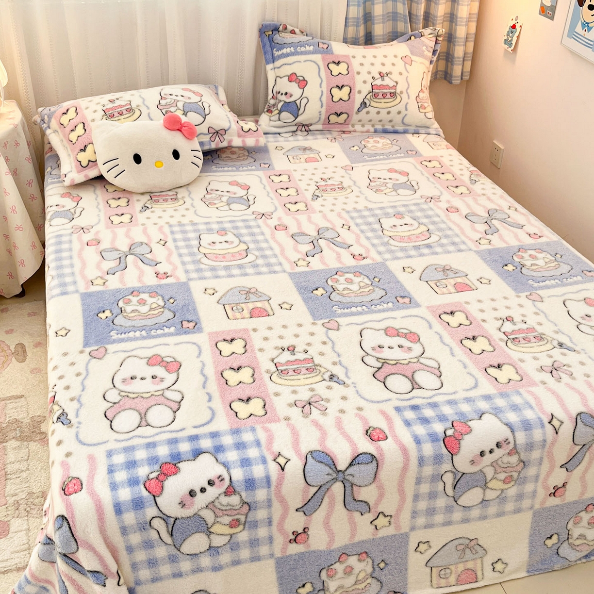 91家纺网 家纺一手货源 找家纺 川悦生活 2025新款高克重双面雪花绒印花毛毯三件套 毛毯小喵甜心